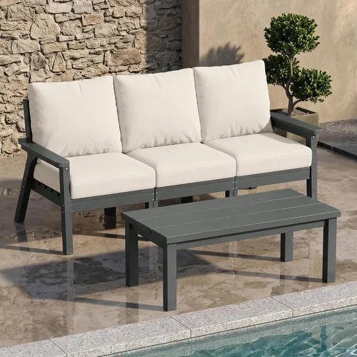 Vista 23 de PLUUV Juego de muebles de patio al aire libre HDPE, 7 piezas, marco negro Marco negro/cojín gris