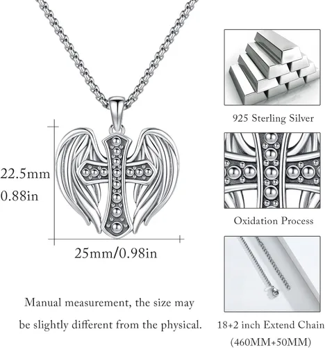Vista 6 de Collar de ala de ángel de corazón de plata de ley, collares con dije de cruz de protección, joyería de cumpleaños, regalos de Navidad para mujeres