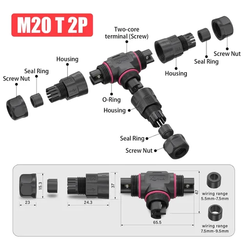 Vista 4 de AOHUA Caja de conexiones de 3 vías, conector M20 de 2 pines, 500 V/20 A, conector de cable eléctrico impermeable en forma de T IP68 para cable