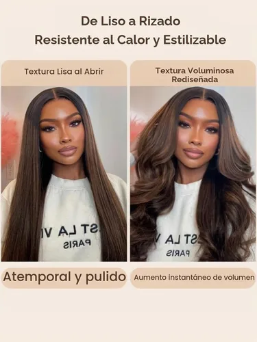Vista 9 de UNICE - Peluca de encaje frontal de 13 x 4 con reflejos balayage marrón, de cabello humano Yaki liso, todo incluido, sin pegamento, con cordón