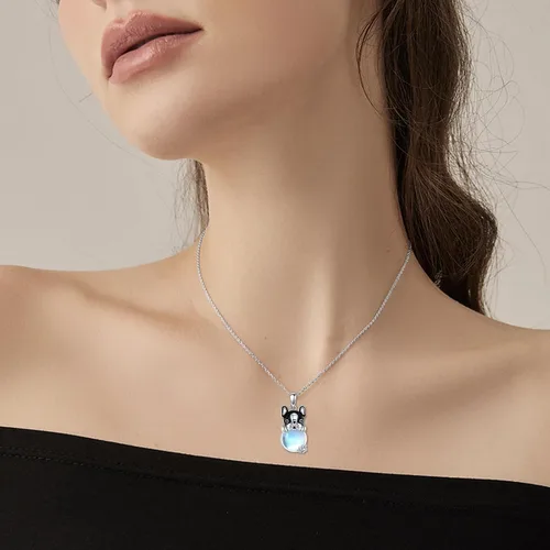 Vista 2 de KQF Collar de plata de ley con diseño de gato y bulldog francés, vacapanda, lindo animal con piedra lunar, regalo de joyería para mujeres y niñas