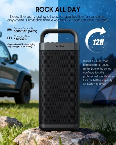 Vista 4 de COMISO Altavoz Bluetooth portátil con graves profundos, 150W de potencia máxima, altavoz impermeable IPX6 para exteriores con 12 horas
