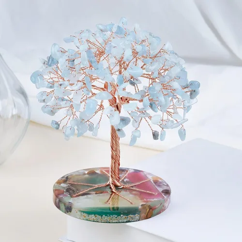 Vista 3 de Nupuyai Árbol de dinero de piedra de cristal aguamarina envuelto en rodajas redondas de ágata orgónica, árbol de la vida, bonsái de Feng Shui