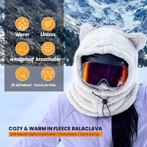 Vista 4 de Máscara de esquí con capucha de animal lindo pasamontañas calentador de cara con orejas de oso unisex para hombres, mujeres y niños, ideal