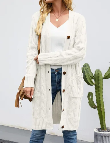 Vista 2 de MEROKEETY - Cárdigan largo de punto trenzado para mujer, suéter tejido de manga larga, abierto por delante y con botones, ropa para exteriores