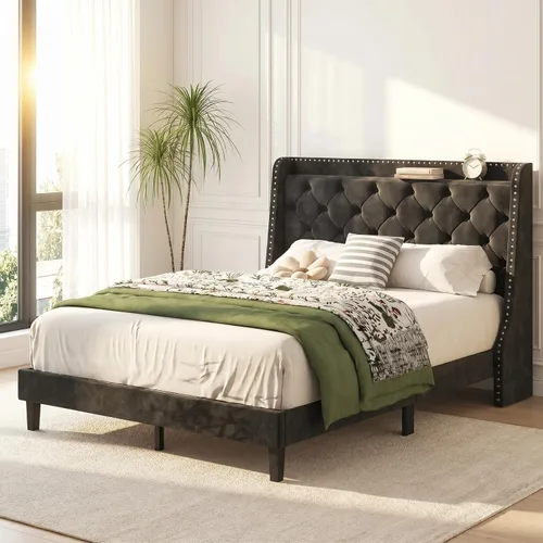 Vista 8 de SUNLEI Base de cama Queen con cabecera de almacenamiento, base de cama tapizada de terciopelo con cabecera copetuda con respaldo de alas, soporte