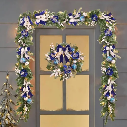 Vista 7 de Corona de Navidad preiluminada para puerta delantera con temporizador, 20 luces, corona de Navidad iluminada, bola de Navidad azul plateado