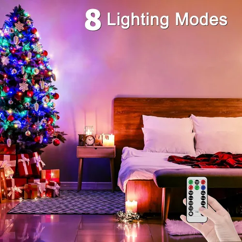 Vista 5 de 300 luces LED de Navidad de 98 pies para exteriores, luces multicolor para árbol de Navidad enchufables, 8 modos de luz parpadeante para dormitorio