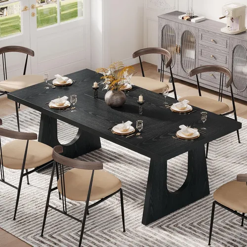Vista 3 de Tribesigns Mesa de comedor grande para 6-8 personas, mesa rectangular rústica de madera de 70.9 pulgadas con patas de madera negra, mesa de cocina