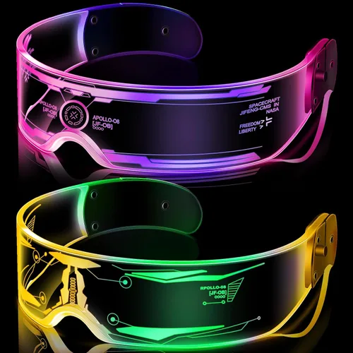 Vista 11 de TOODOO - 2 pares de gafas de visera LED de 7 colores, gafas futuristas, accesorios punk iluminados para disfraz de fiesta Rave