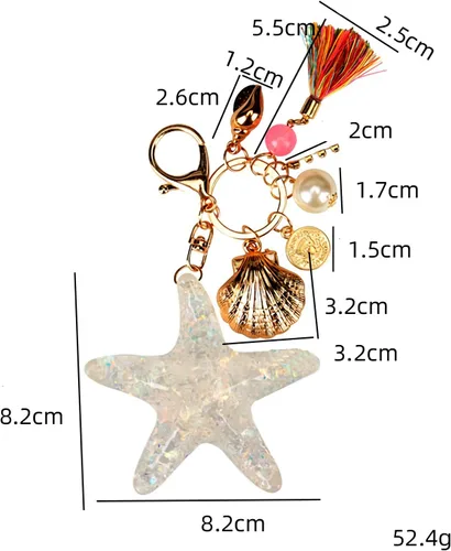 Vista 4 de Llavero con borlas de concha de estrella de mar de perla, llavero de diamantes de imitación de cristal, dije de bolso, Blanco