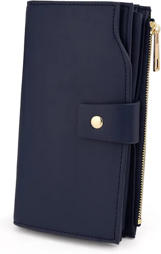 Vista 15 de UTO Cartera de cuero vegano para mujer, cartera larga con broche de presión, tarjetero de crédito, elegante embrague 0153 Gris