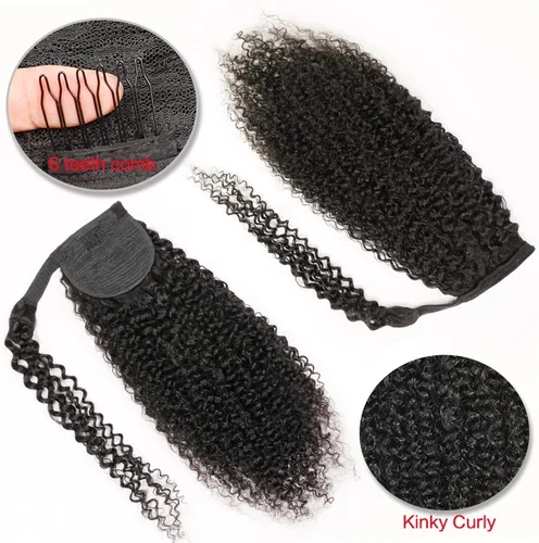 Vista 4 de Extensiones de cabello rizado con cola de caballo de 12 a 26 pulgadas, extensiones de cabello real con cola de caballo rizada, para mujeres negras