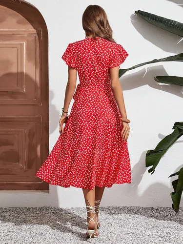 Vista 2 de WDIRARA Vestido midi cruzado de cintura alta con cuello en V y estampado floral para mujer