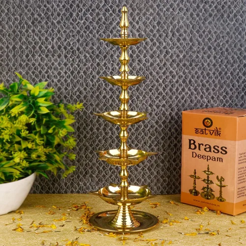 Vista 5 de SATVIK - 2 piezas de latón de pie Kerala Samai Diwali Deepak para Puja tradicional Panchmahal Pooja Deepam Diya lámpara de aceite Kutthu Vilakku