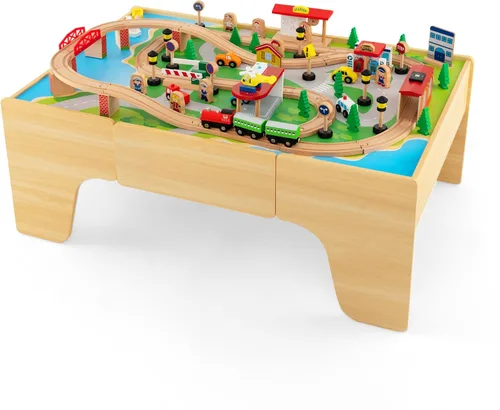Vista 14 de HONEY JOY Mesa de tren, mesa de actividades de madera para niños con cajón de almacenamiento, 100 piezas multicolores, pistas, trenes, autos, juego