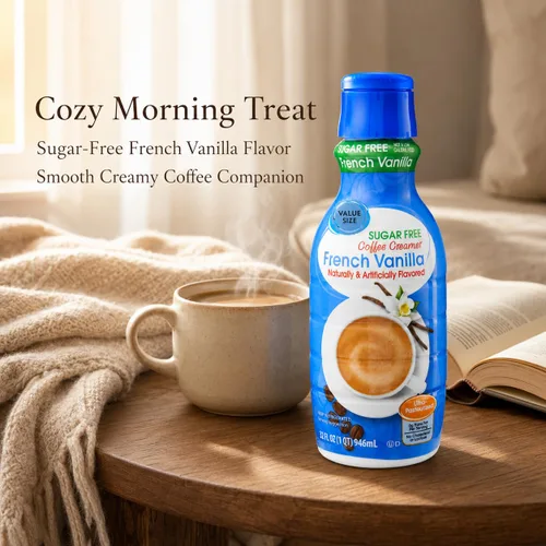 Vista 8 de Crema de café de vainilla francesa sin azúcar, botella de 32 onzas líquidas, crema líquida dulce y cremosa para café con cucharas de pala de café