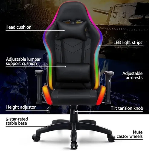 Vista 6 de TOEWOE Silla de juegos con luz LED, silla de oficina, silla de computadora de respaldo alto, silla giratoria ergonómica ajustable con reposacabezas