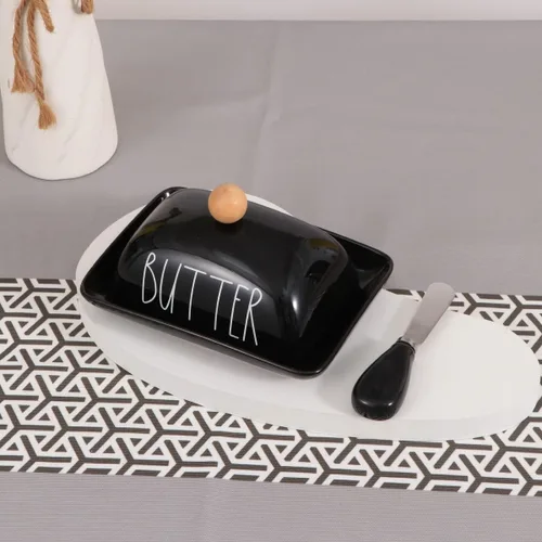 Vista 6 de oskas Mantequillera negra de porcelana de granja con tapa y cuchillo para encimera