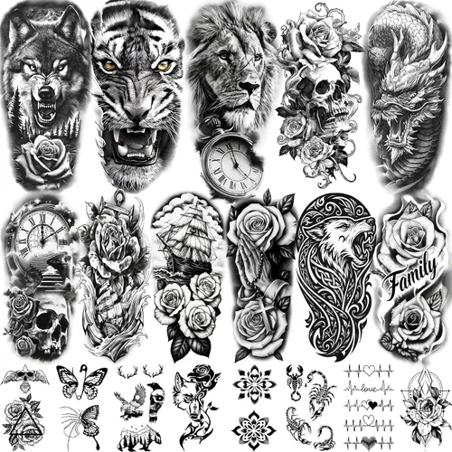 Vista 15 de 36 hojas de tatuajes temporales para hombres, mujeres y adultos, 12 hojas de gran tamaño, 3D, media manga, tatuajes falsos negros, tatuajes