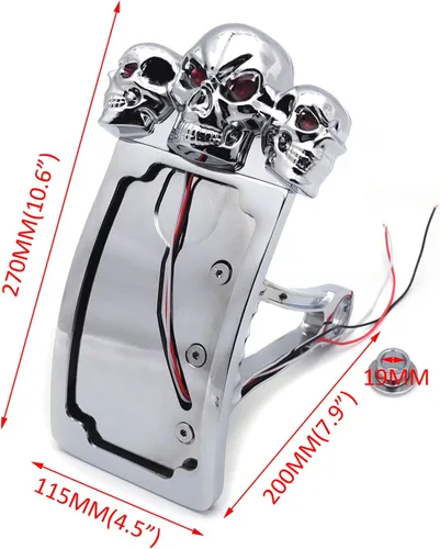 Vista 2 de Soporte de placa de matrícula de montaje lateral de curva cromada con luz trasera LED de calavera 7/8 "1" eje [P/N: USMT301A-S-CD] Cromo
