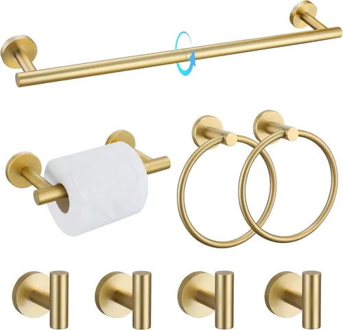 Vista 9 de TQKAG Juego de accesorios de baño negro y dorado de 5 piezas, juego de toalleros redondos de acero inoxidable de 23.6 pulgadas para baño montado