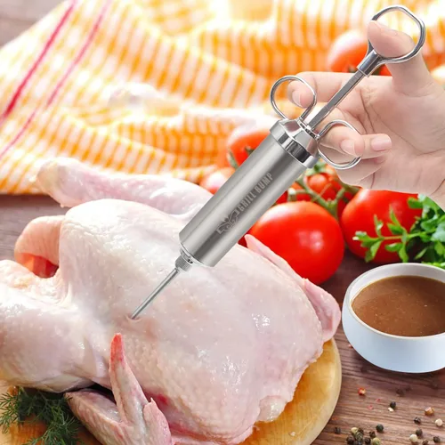 Vista 5 de Grill Bump Kit de jeringa para inyector de carne para ahumador con inyector de alimentos de 3 sabores, agujas de carne, adobos de inyección
