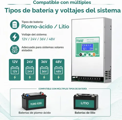 Vista 3 de PowMr Controlador de carga solar MPPT de 100 A, 12 V/24 V/36 V/48 V, entrada máxima de 150 VCC, controlador de carga solar con retroiluminación LCD