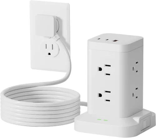 Vista 16 de Torre de regleta de alimentación con protector de sobretensiones de 1800J, torre de carga rápida PD20W puertos USB-C con 12 salidas de CA, cable