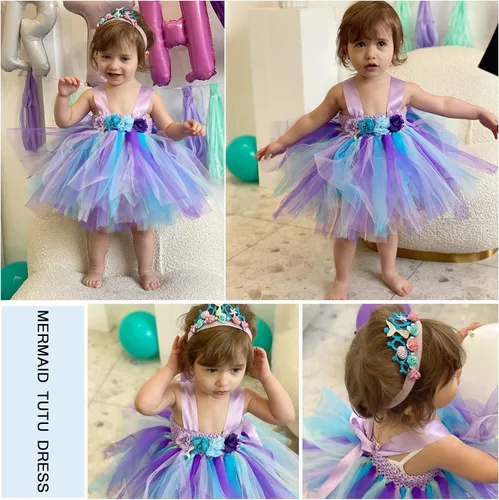 Vista 2 de PinkBeautiM Toddler Girls Party Tutu Dress with Headband Unicorn Mermaid Tulle Costume for Infant Girl 6-24 Months