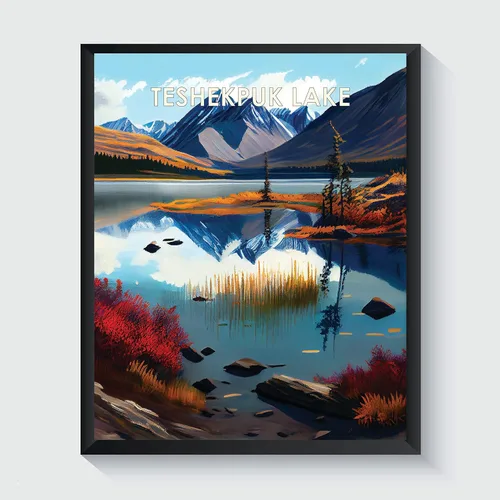 Vista 24 de Yellowstone Lake - Póster impreso artístico, ilustración, arte de pared, decoración de paisaje retro, paisaje, obra de arte para decoración de Lago