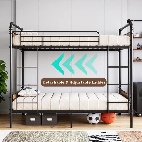 Vista 3 de Garvee Industrial Twin Over Twin Bunk Bed, Convertible to 2 Separate Single Beds, Sturdy Metal Bunk Bed, Detachable Ladder & High Safety Guardrails
