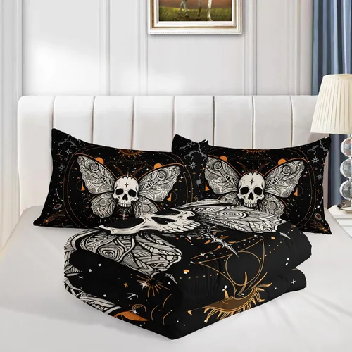 Vista 62 de HOSIMA Juego de edredón de decoración gótica, patrón de calaveras de polilla de la muerte, juego de cama de Halloween tamaño Queen para decoración