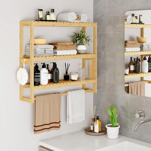 Vista 2 de RRX - Estante organizador de almacenamiento para baño, estante ajustable de 3 niveles, color beige Organizador de bambú para almacenamiento sobre