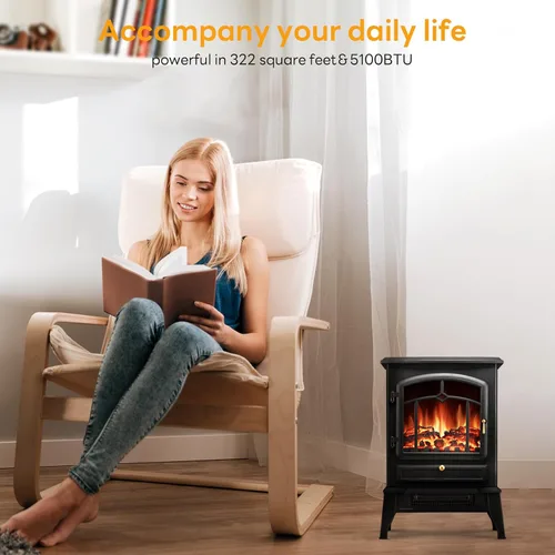 Vista 7 de Xbeauty Estufa Eléctrica de Chimenea de Interior de 22", Calentador de Chimenea Independiente con Brillo de Llama 3D Ajustable, Control