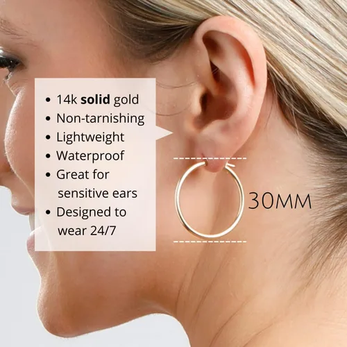 Vista 4 de MAX + STONE - Aretes de aro de oro macizo de 14 quilates para mujer, aretes de aro de oro amarillo o blanco de 14 quilates con parte superior