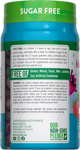 Vista 7 de Gominolas de magnesio Nature's Truth para niños Glicinato y citrato 50 unidades Sabor a bayas mixtas Suplemento vegano, sin OMG y sin gluten