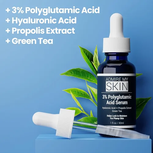 Vista 4 de Admire My Skin Suero facial de ácido poliglutámico orgánico – Potente hidratación y antienvejecimiento + ácido hialurónico + propóleos 1 oz