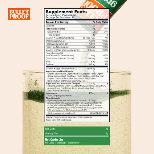 Vista 2 de Bulletproof Paquetes de verduras, 15 unidades, polvo de verduras diarias con superalimentos y nootrópicos, porción completa de verduras, nutrientes