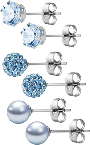 Vista 19 de JewelrieShop - Juego de aretes de tuerca de acero inoxidable con circonitas cúbicas y perlas de imitación, 3 pares de 0.236 in