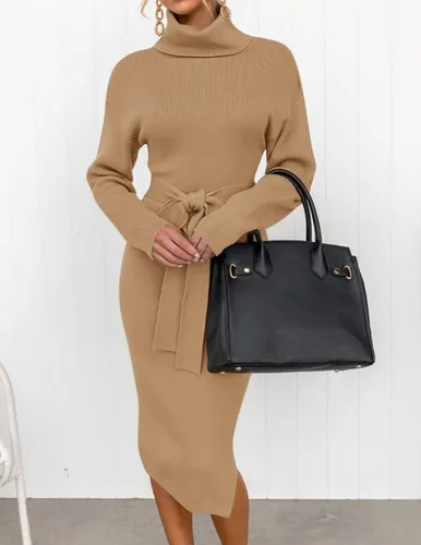 Vista 75 de ZESICA - Vestido por debajo de la rodilla de suéter, de cuello alto, para mujer, de manga larga, de punto acanalado, con abertura y cinturón
