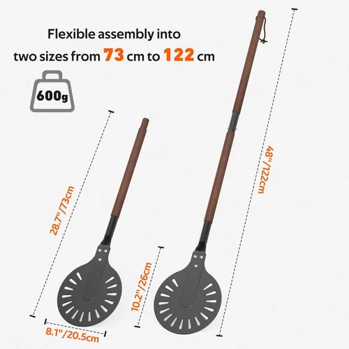 Vista 2 de Pala giratoria de pizza de aluminio perforado de 8 pulgadas con mango de madera, espátula de pizza de longitud ajustable 2 en 1, 48 pulgadas