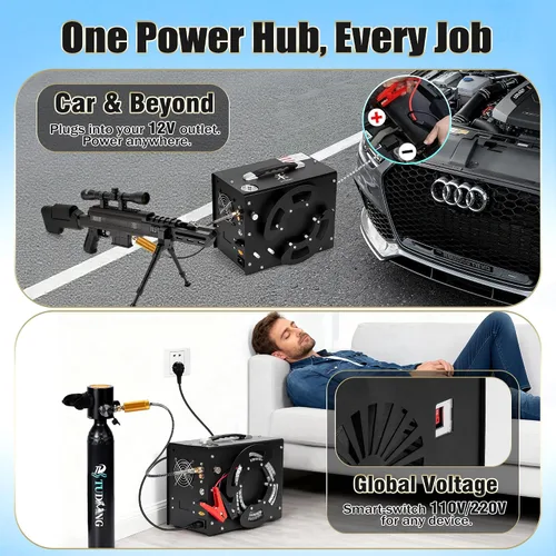 Vista 3 de TUXING Compresor de aire PCP, diseño de carrete de bobinado portátil, compresor de pistola de aire PCP con convertidor de potencia integrado, parada