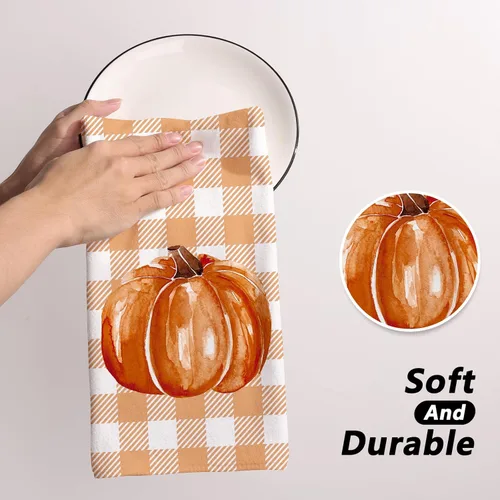 Vista 5 de Siilues Juego de 2 toallas de cocina de otoño, 18 x 26 pulgadas, diseño de calabaza, decoraciones de otoño para el hogar, temporada de otoño, Acción