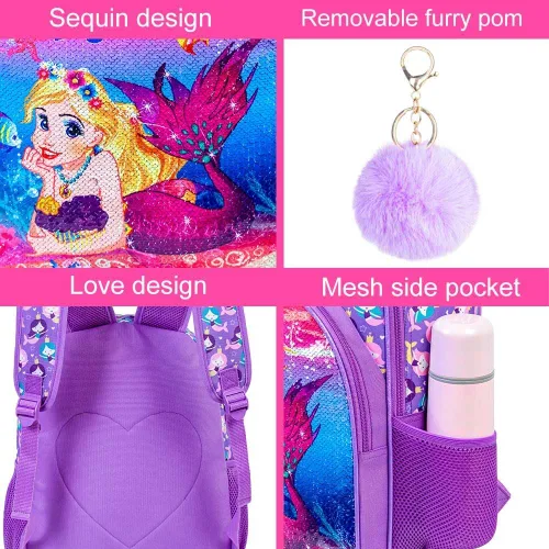 Vista 5 de KLFVB 3 mochilas de sirena de unicornio para niñas, bolsa de libros y lonchera de lentejuelas de 16 pulgadas, mochilas preescolares para primaria