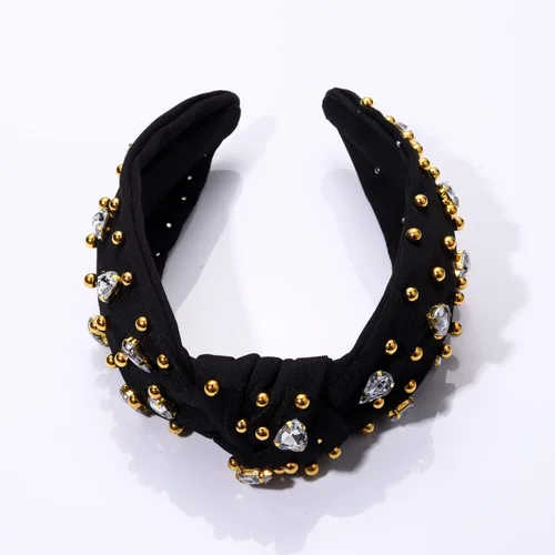 Vista 5 de Diademas anudadas de cristal para mujer, diademas brillantes con diamantes de imitación, cuentas doradas anchas adornadas, accesorios para el Negro