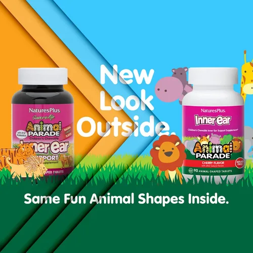 Vista 2 de NaturesPlus Animal Parade - Soporte masticable para el oído interno para niños, sabor a cereza natural, 90 tabletas en forma de animal, suplemento