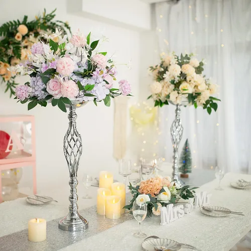 Vista 41 de 2 piezas de centros de mesa de boda para mesas de recepción, soportes de velas retorcidas, adornos, centros de mesa de metal con jarrón de flores