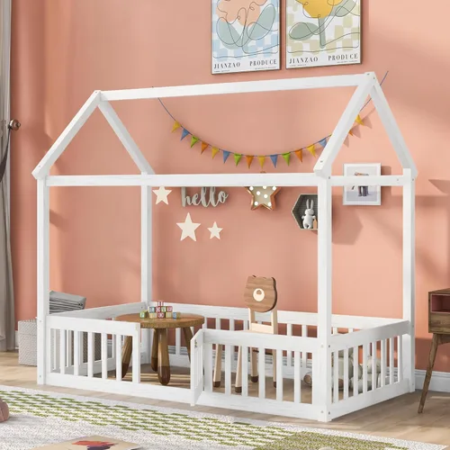 Vista 28 de Cama juguetona en forma de casa de tamaño matrimonial con estantes y luces, marco de cama de metal con techo para niños, adolescentes y adultos, un