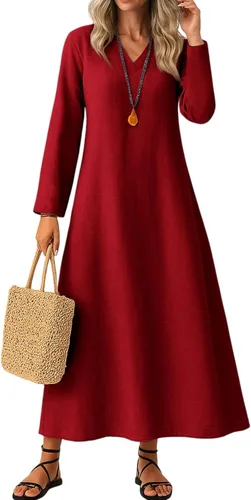 Vista 16 de Vestido de lino de algodón para mujer, de manga larga, holgado, ligero, básico, con cuello en V, vestido largo y modesto